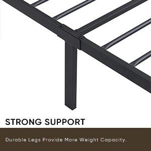 Close-up of the strong support legs and black metal frame of an eprolo LED platform bed.