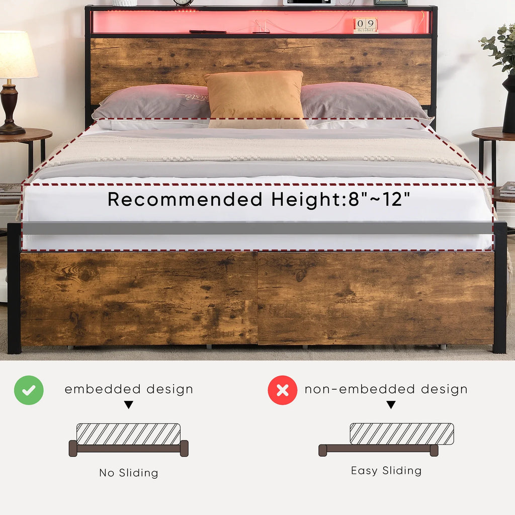 ePROLO LED platform bed with storage headboard and recommended mattress height guide