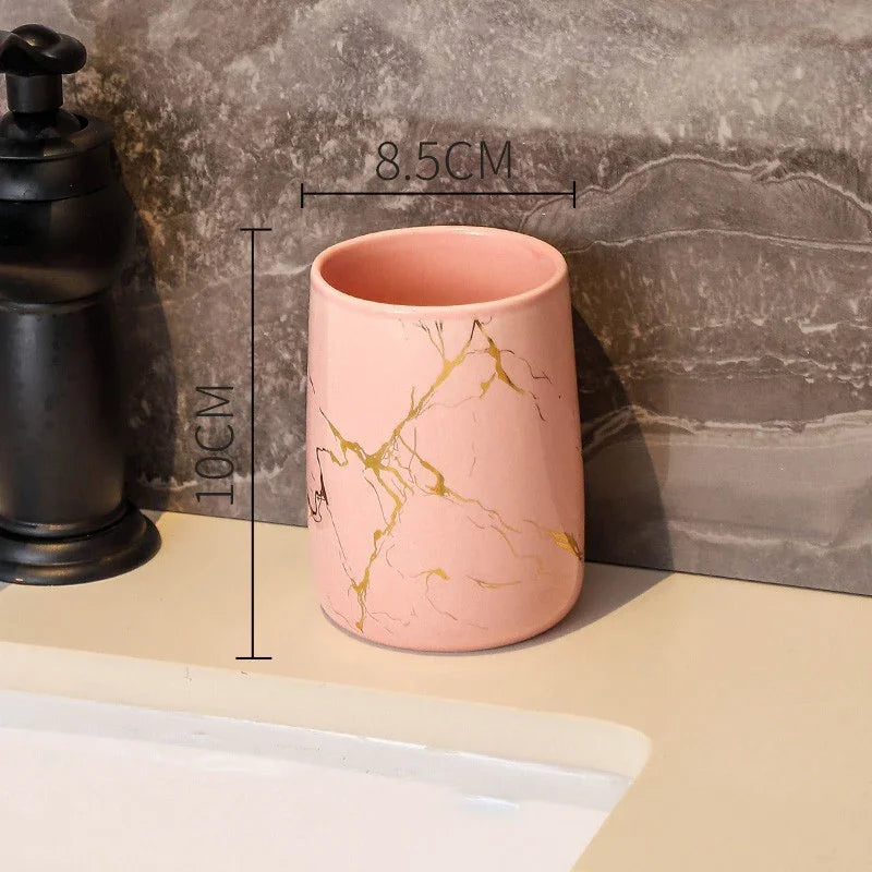 Pink marble effect ceramic bathroom tumbler by eprolo, 10cm tall luxury cup set.