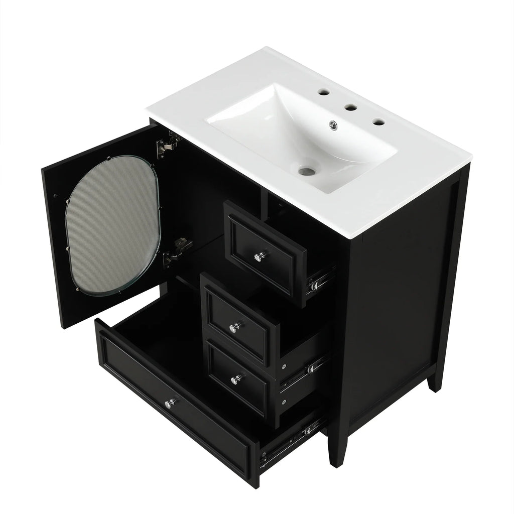 eprolo 30 inch black bathroom vanity with white sink and three drawers