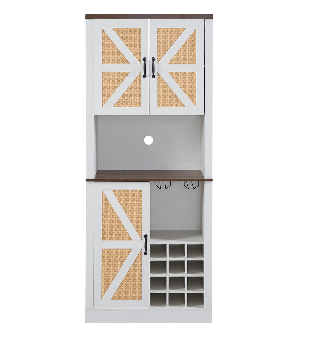 eprolo Farmhouse Faux Rattan Wine & Bar Cabinet in white with brown accents