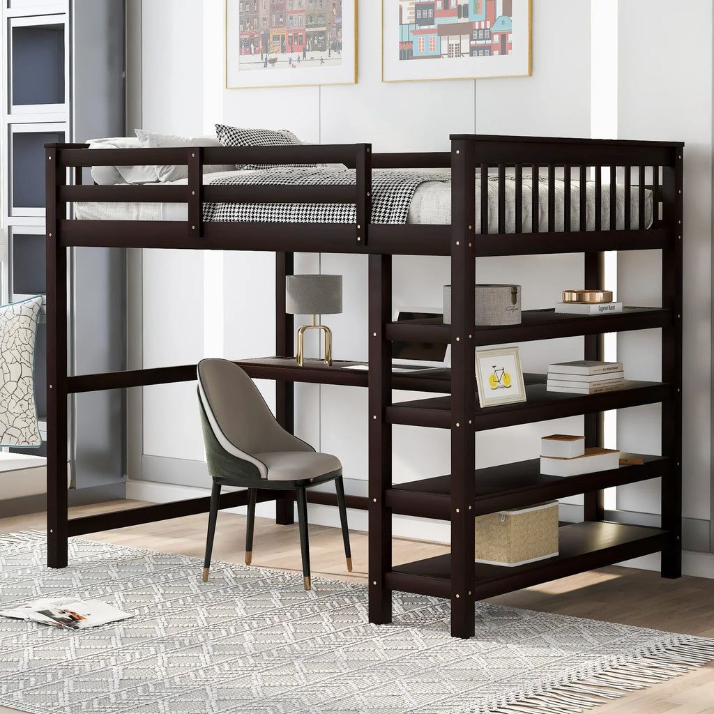 Eprolo full size loft bed in espresso with built-in desk and storage shelves.