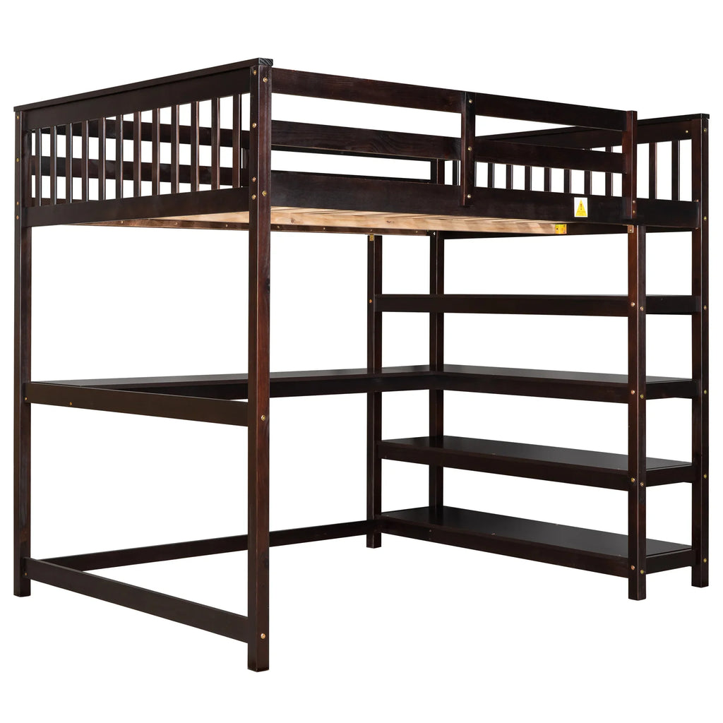 Eprolo Full Size Loft Bed in Espresso with built-in storage shelves and an under-bed desk.