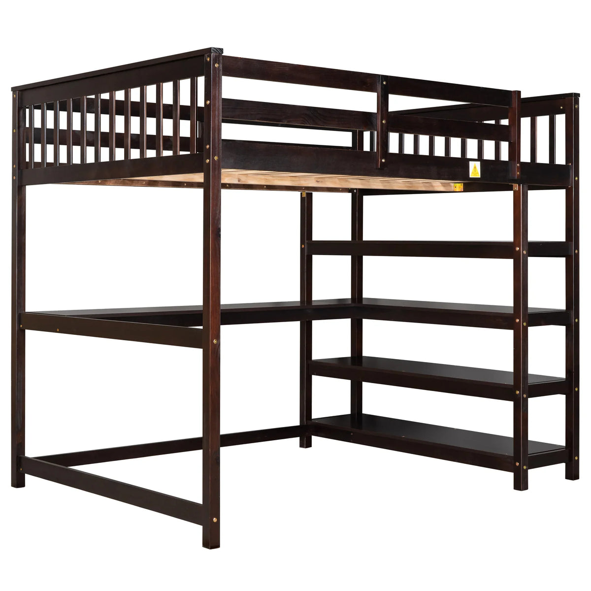 Eprolo Full Size Loft Bed in Espresso with built-in storage shelves and an under-bed desk.