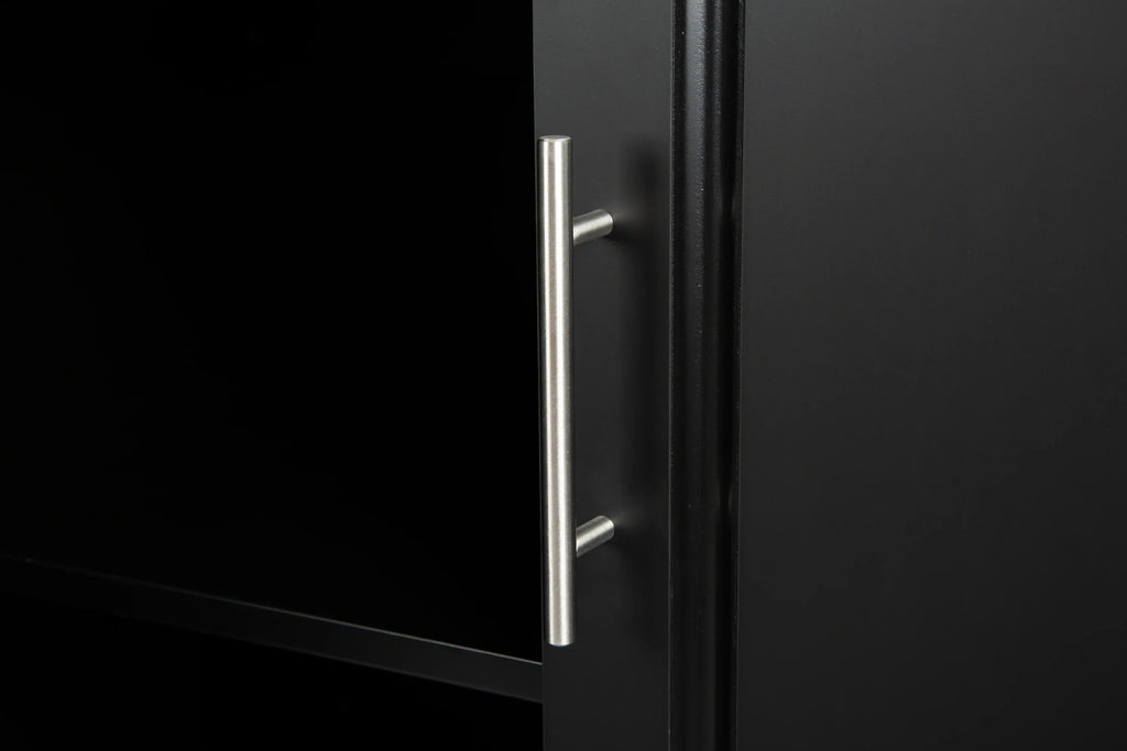 Close-up of a silver handle on a black eprolo mobile kitchen island cabinet.