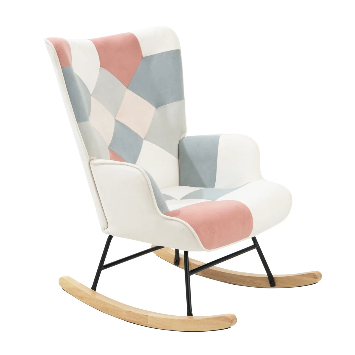 eprolo mid-century fabric rocking chair with pink and blue patchwork design and wood rockers