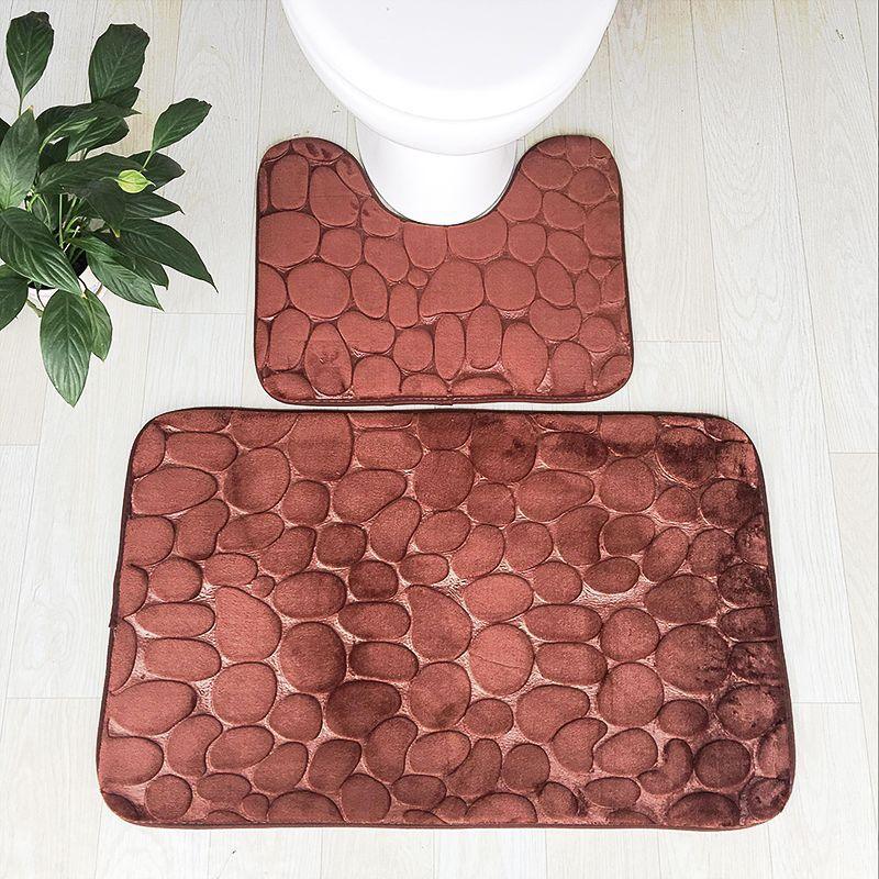 Two-piece embossed stone pattern brown non-slip absorbent PVC bathroom mat set by eprolo