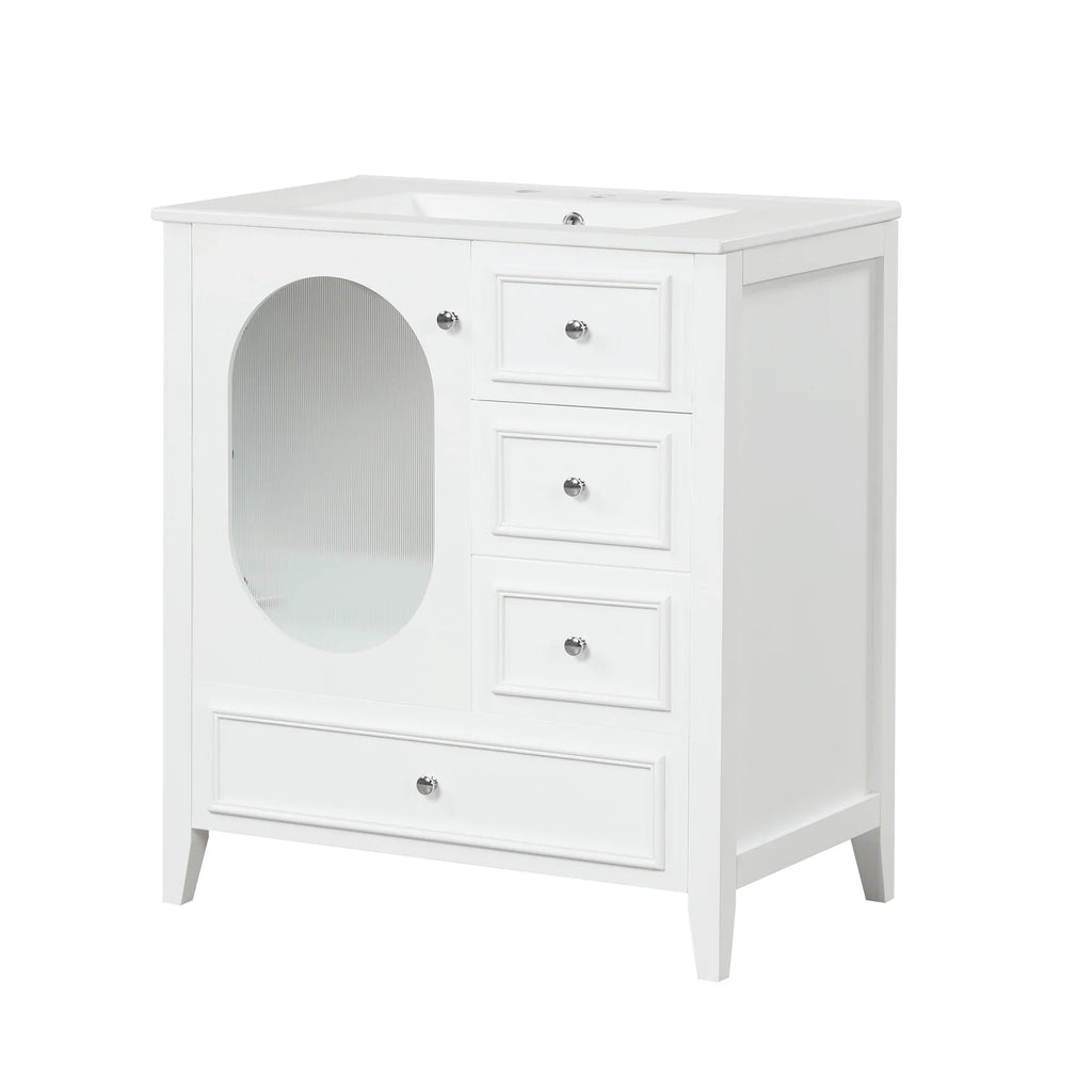 White eprolo 30-inch bathroom vanity with sink, three drawers, and storage cabinet