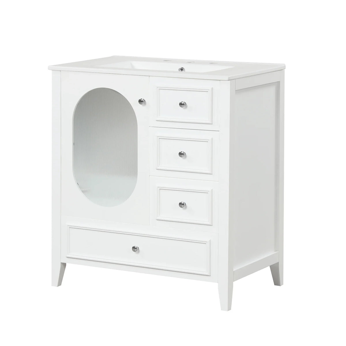 White eprolo 30-inch bathroom vanity with sink, three drawers, and storage cabinet