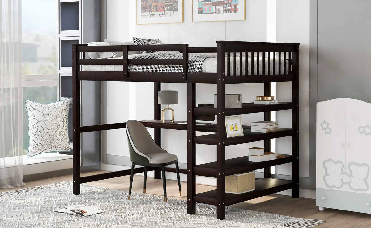 Full size espresso loft bed by eprolo with integrated desk and storage shelves.