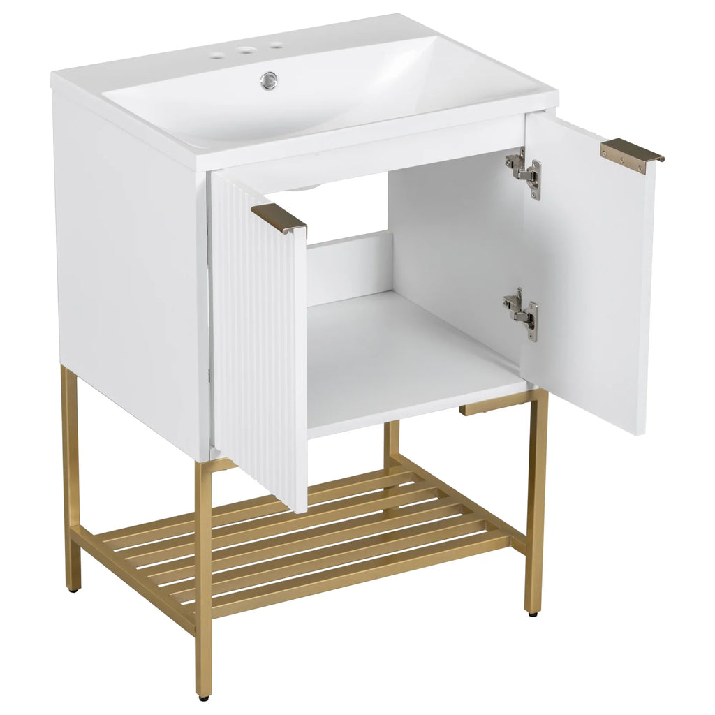 eprolo 24 inch white bathroom vanity with sink and gold metal open storage frame