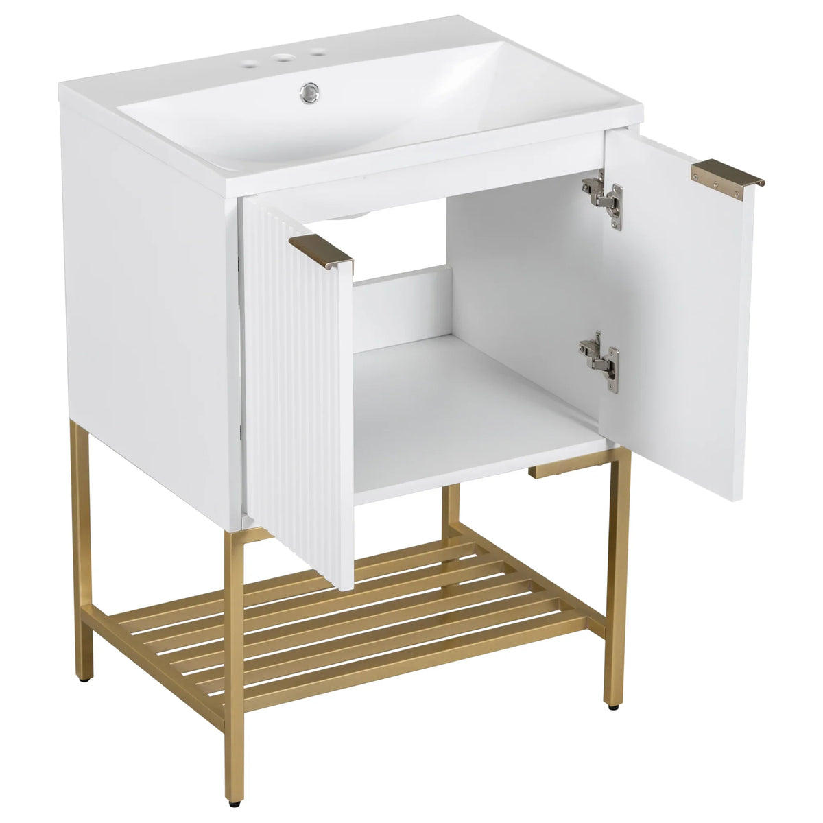 eprolo 24 inch white bathroom vanity with sink and gold metal open storage frame