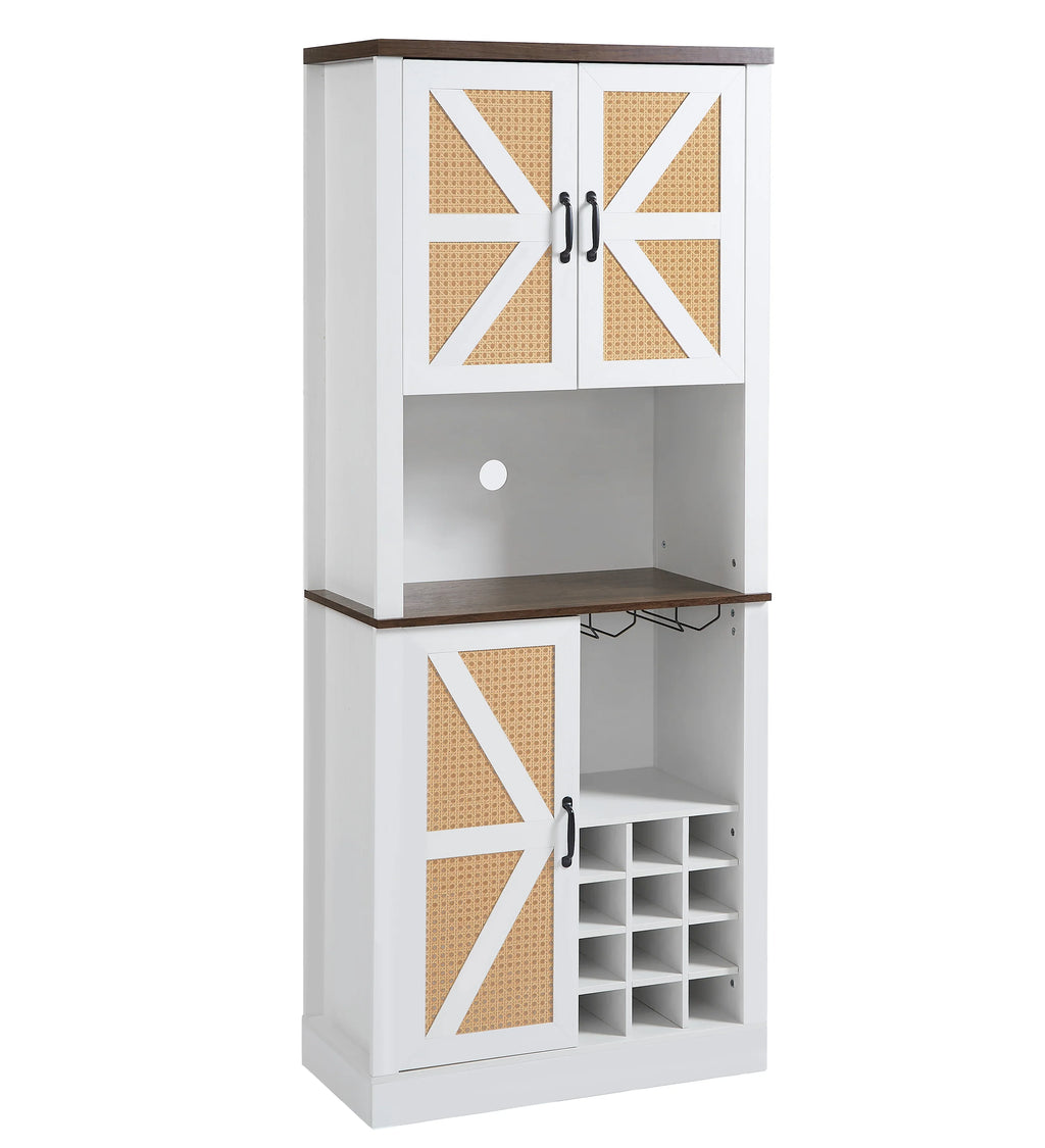eprolo Farmhouse Faux Rattan Wine and Bar Cabinet with white finish and wood accents