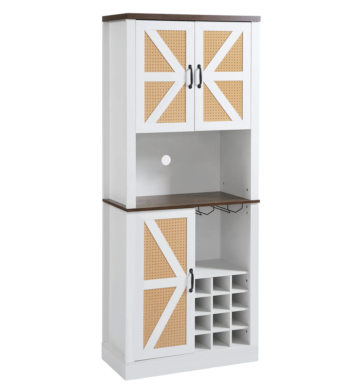 eprolo Farmhouse Faux Rattan Wine and Bar Cabinet with white finish and wood accents