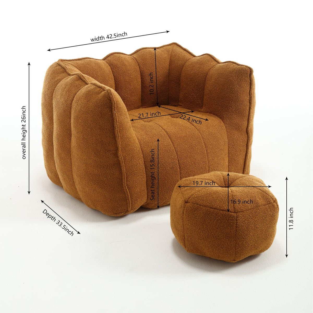 Eprolo soft square bean bag chair with matching footstool in brown foam fill
