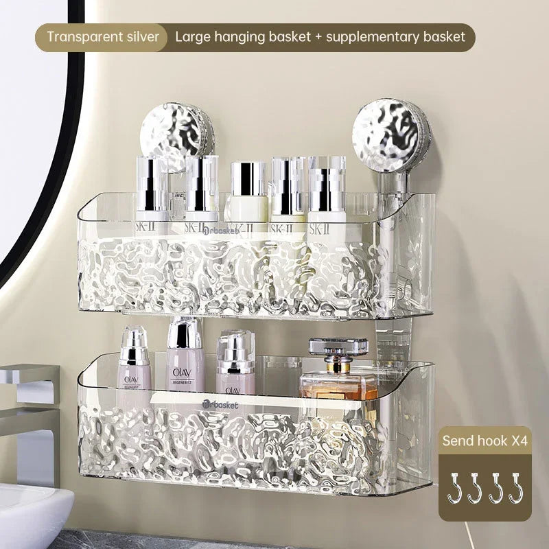 eprolo transparent silver suction bathroom shelf organizer with two hanging baskets for skincare