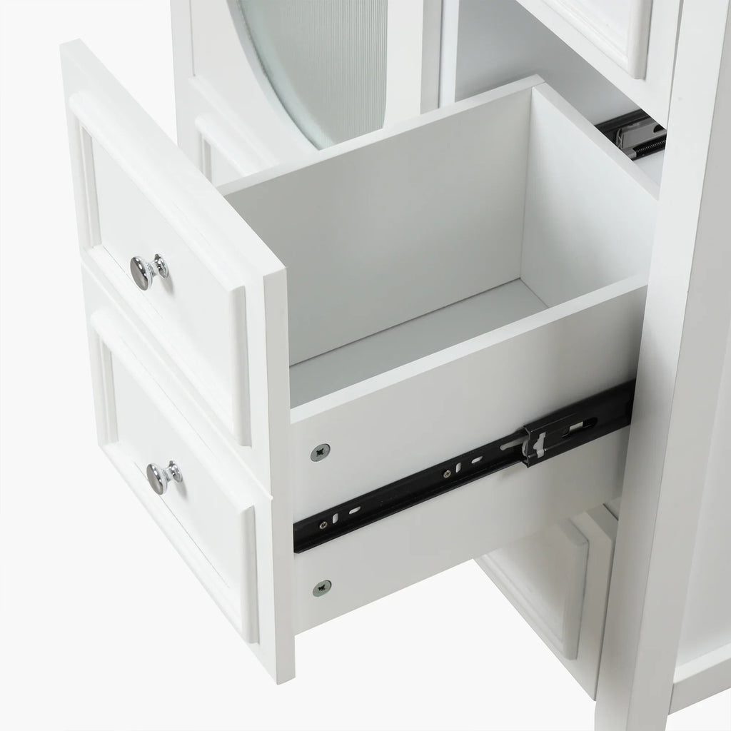 Open white eprolo bathroom vanity drawer showing storage space and metal drawer slides.