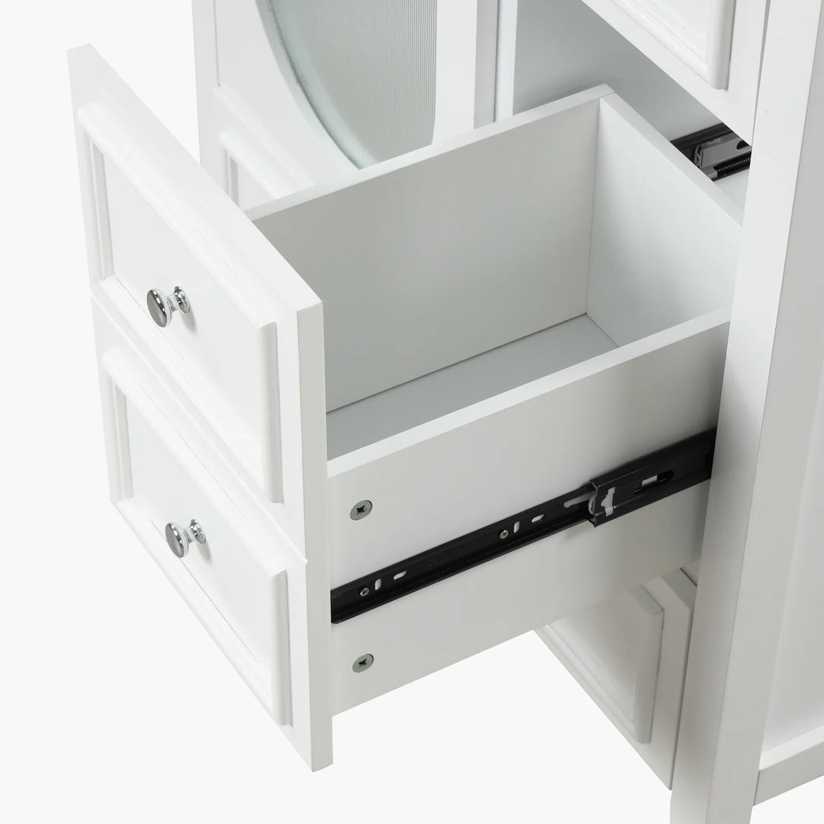 Open white eprolo bathroom vanity drawer showing storage space and metal drawer slides.