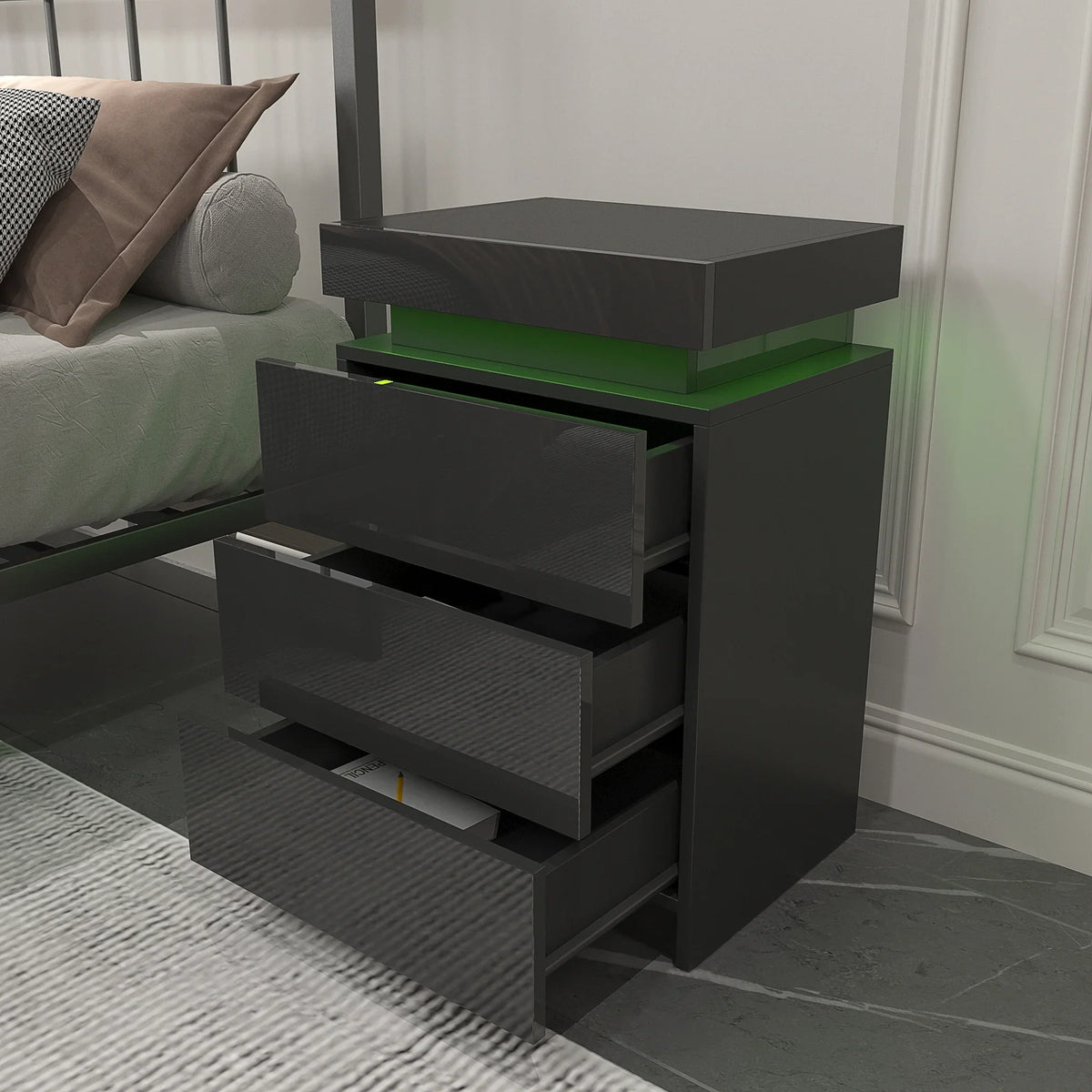 Modern black LED nightstand with multi-colour lighting and three open drawers by eprolo