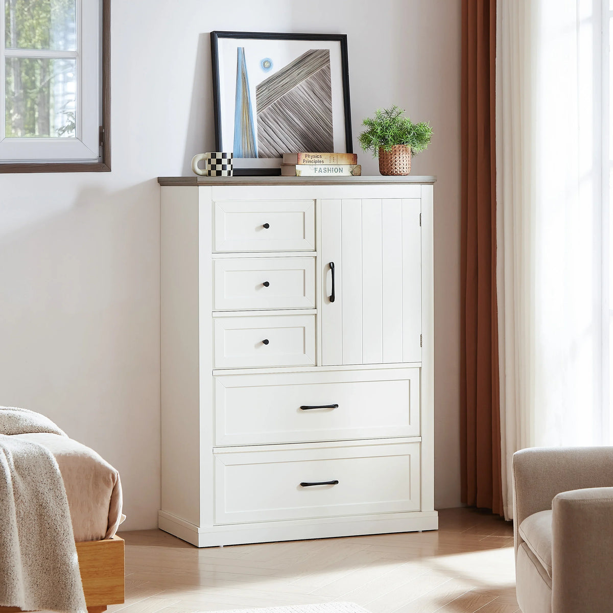White farmhouse 5 drawer wooden bedroom dressing table by eprolo