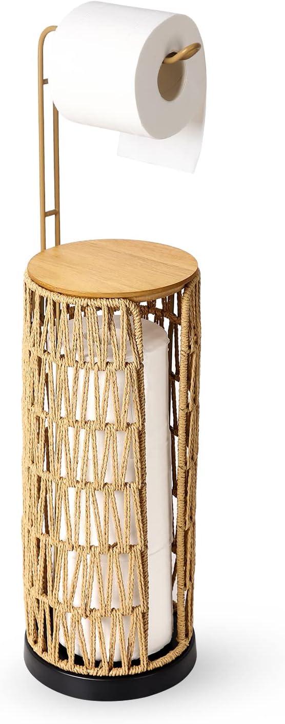 eprolo freestanding toilet paper holder with handmade woven storage and wooden top