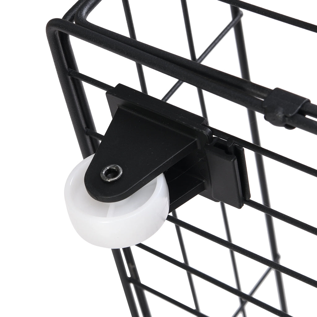 Black metal wire storage basket with a white rolling caster wheel.