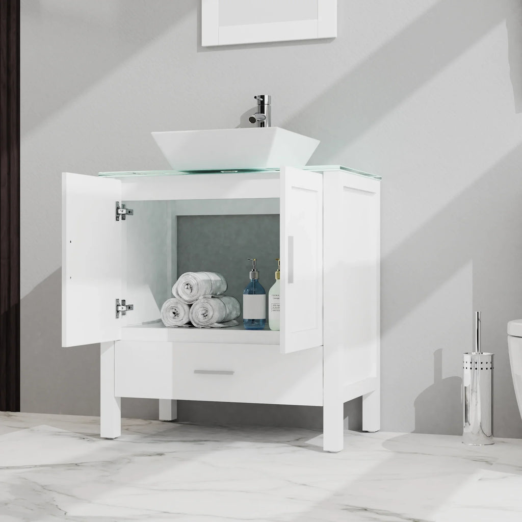 White eprolo 30 inch bathroom vanity with glass top, sink, and storage cabinet.