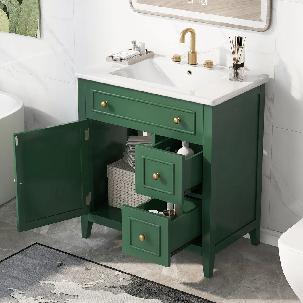 Green 30 inch eprolo bathroom vanity with white sink top, cabinet door, and two drawers.