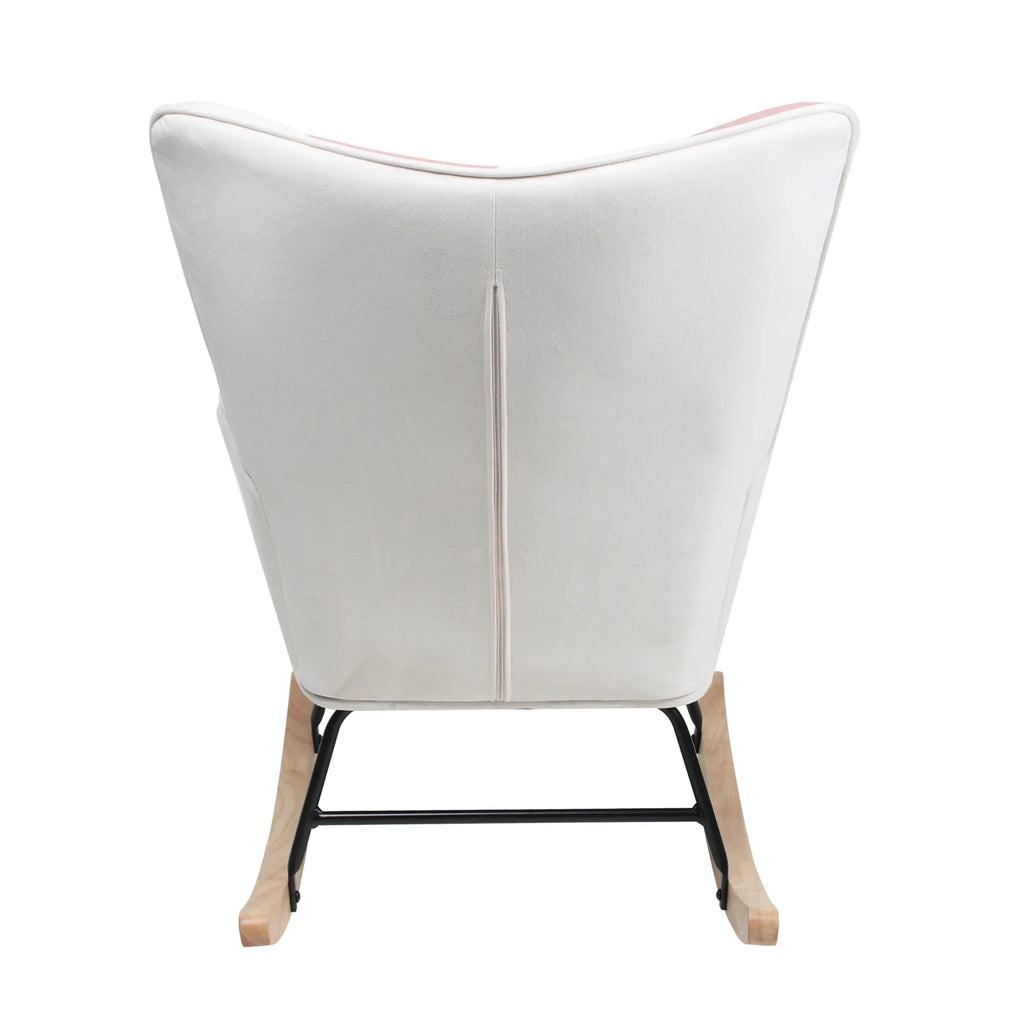 Rear view of a white fabric mid-century rocking chair by eprolo with light wood legs.