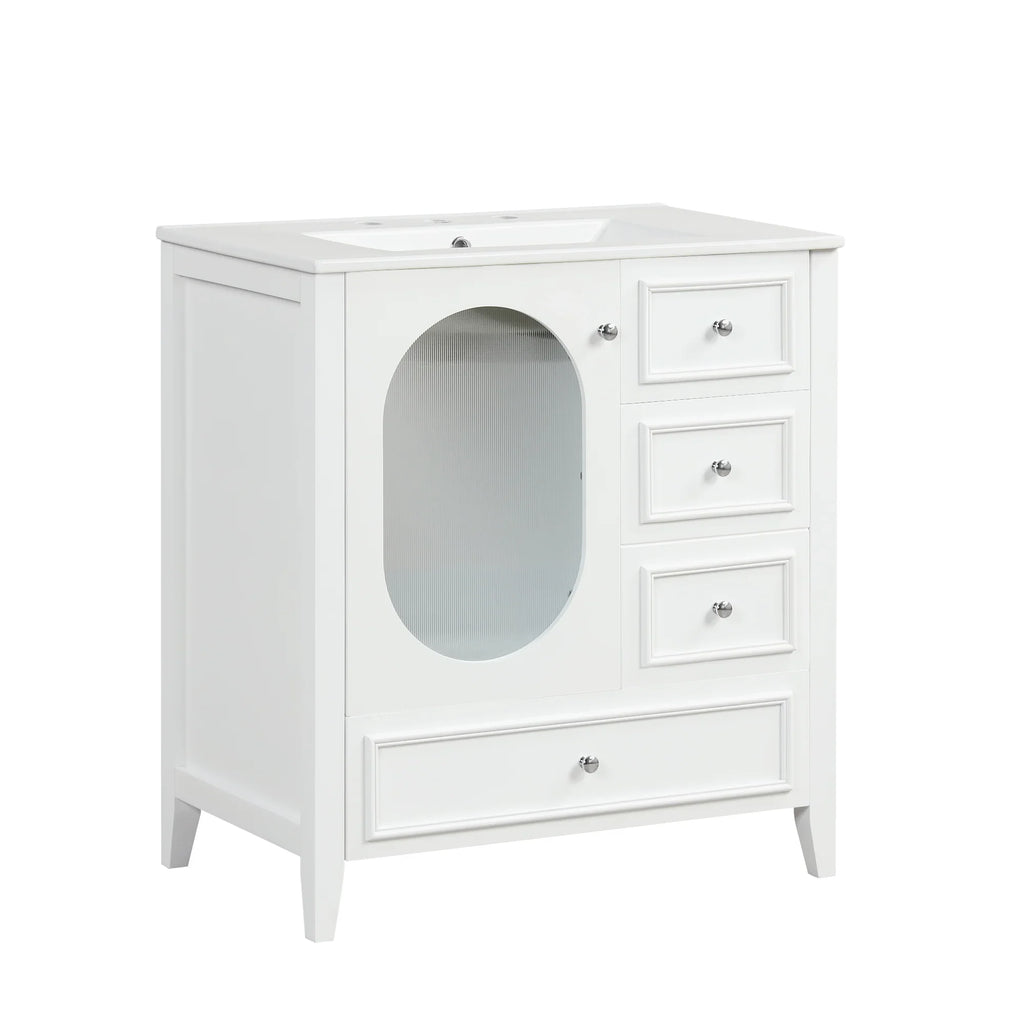 White 30 inch eprolo bathroom vanity cabinet with sink, three drawers, and an oval glass door.