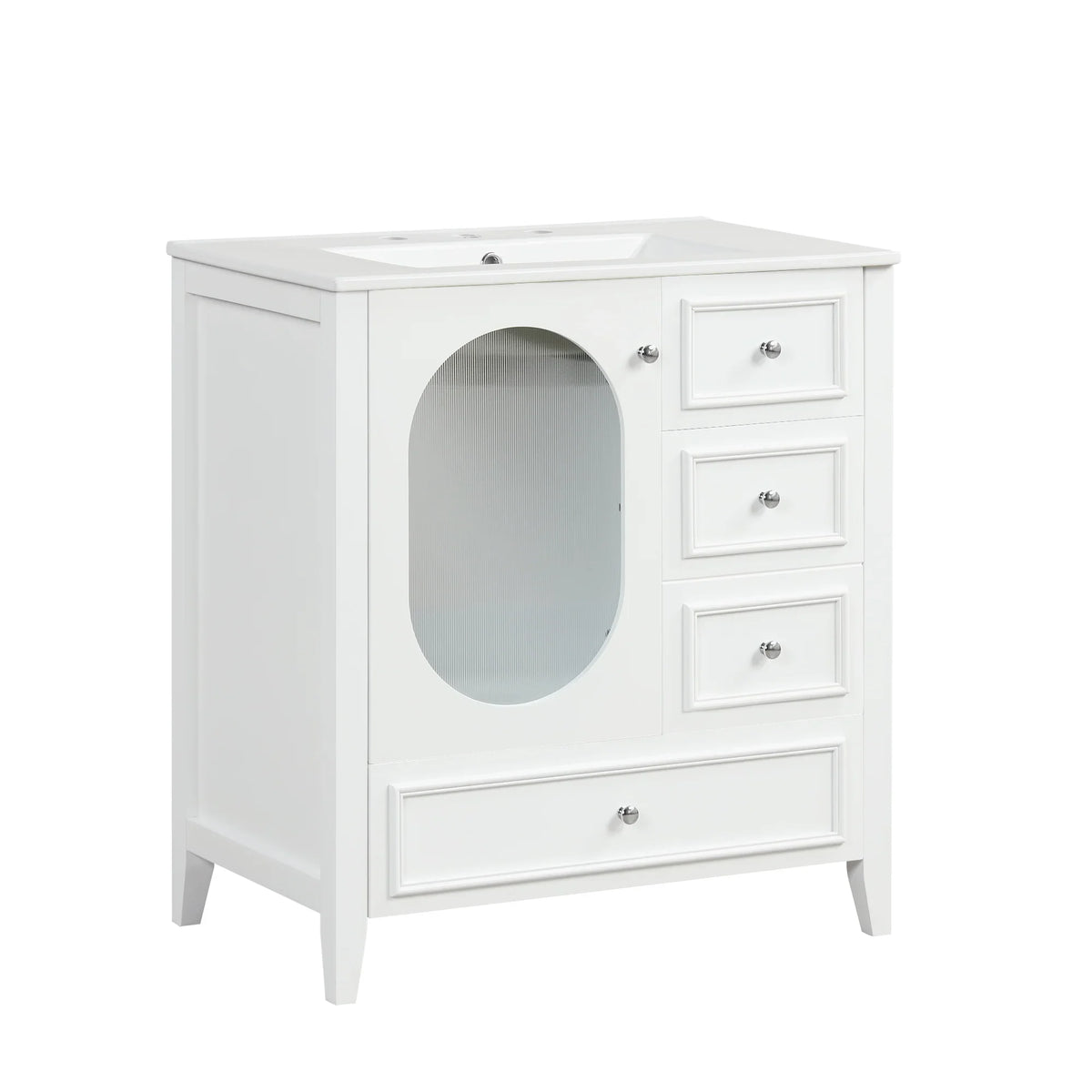 White 30 inch eprolo bathroom vanity cabinet with sink, three drawers, and an oval glass door.