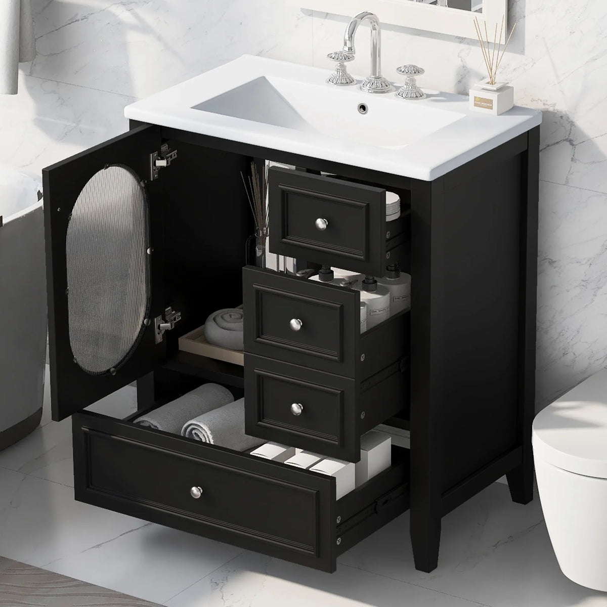 eprolo 30 inch black bathroom vanity with white sink and open drawers and door