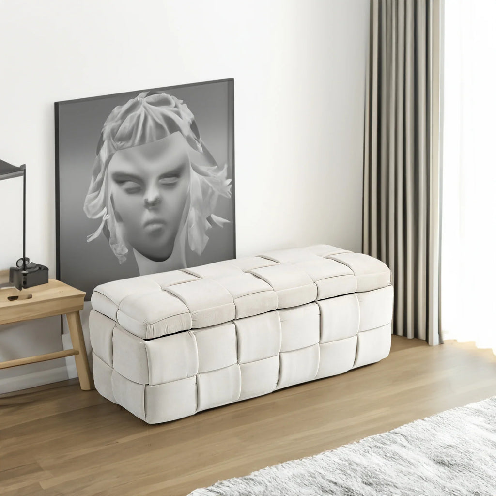 Beige eprolo storage ottoman chair with cushioned fabric in a modern room setting.