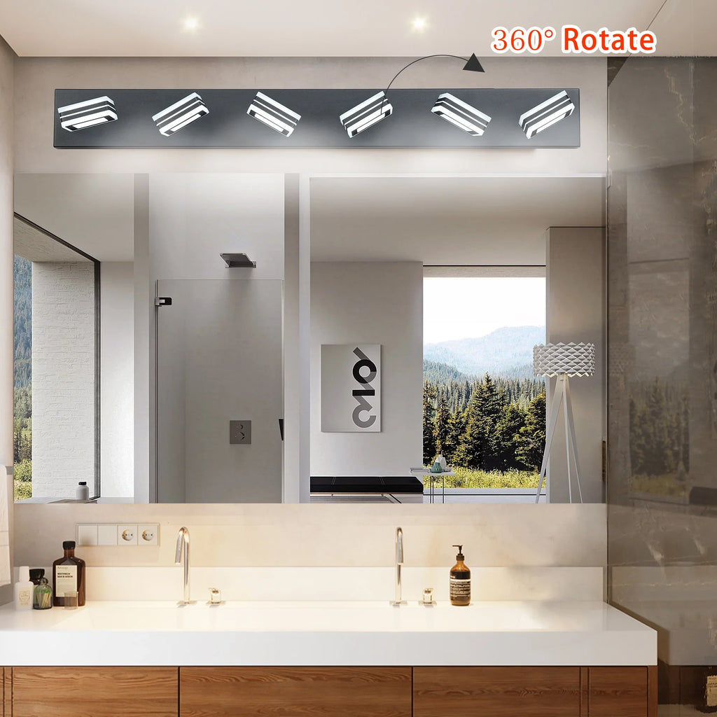 eprolo modern black LED vanity light with 6 rotating lights installed over a bathroom mirror