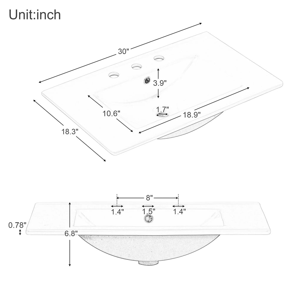 Dimension diagram of an eprolo 30 inch white bathroom vanity sink top in inches.