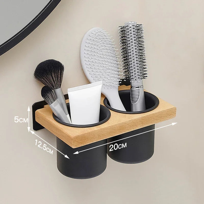 eprolo wall-mounted solid wood and black plastic bathroom storage rack with hairbrushes and makeup