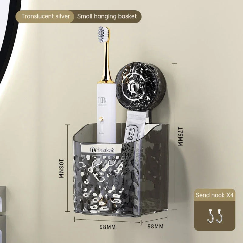 Translucent silver eprolo suction tray rack bathroom shelf holding toothbrush and toothpaste.