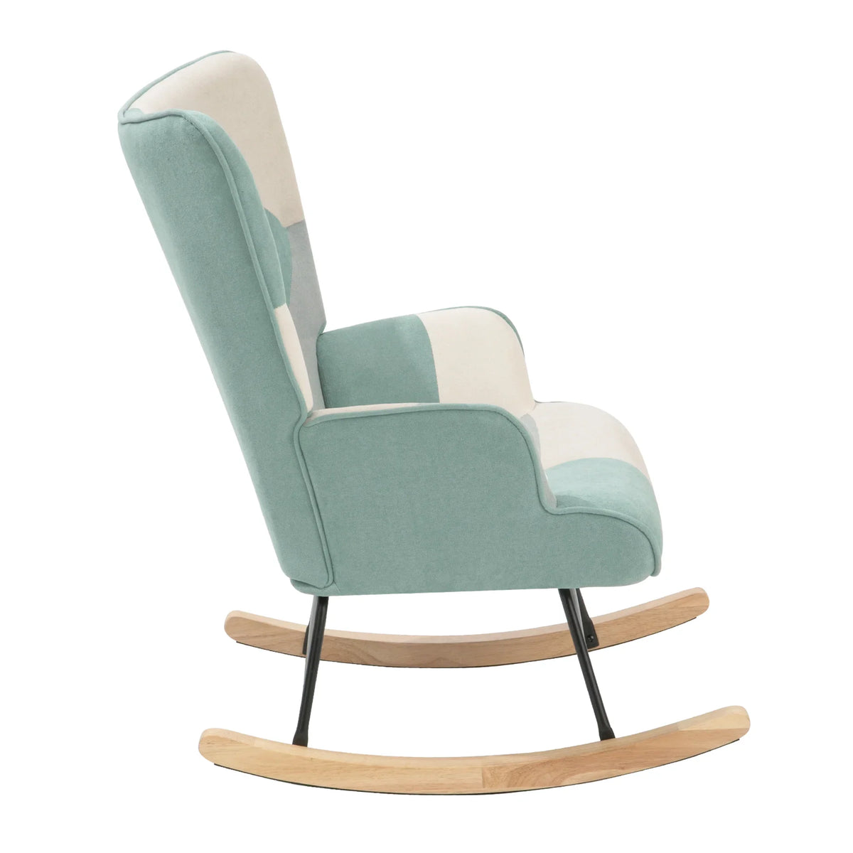 Mid-Century eprolo fabric rocking chair with light wood legs and two-tone mint and cream upholstery