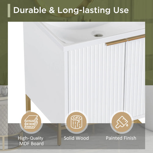 White 24 inch bathroom vanity with two doors, gold metal frame, and solid wood construction.