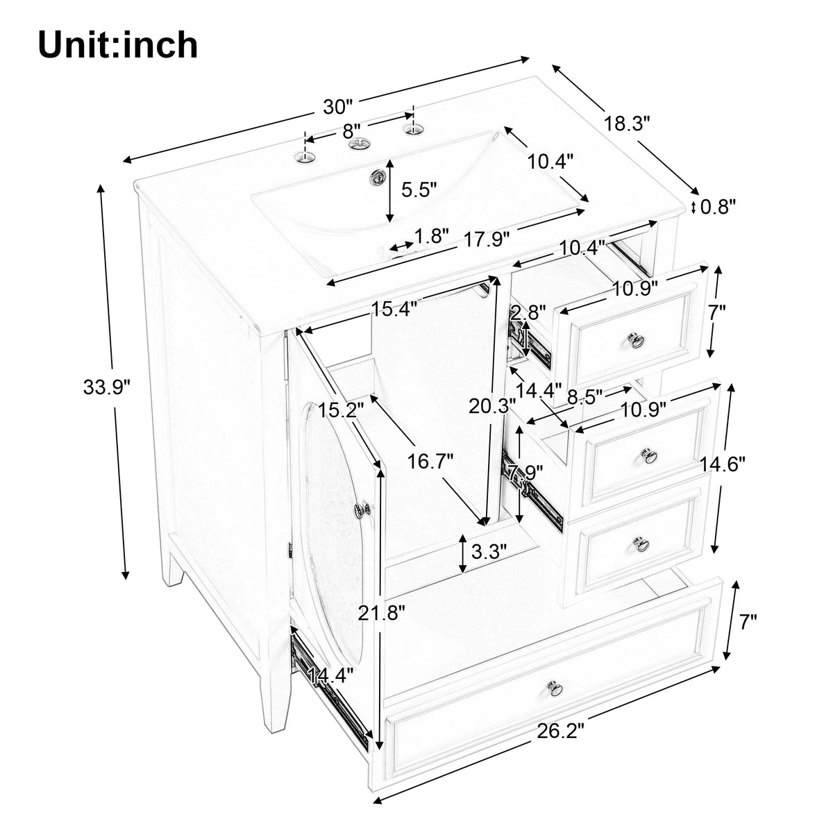 30 inch white eprolo bathroom vanity cabinet with sink and three drawers dimensions diagram
