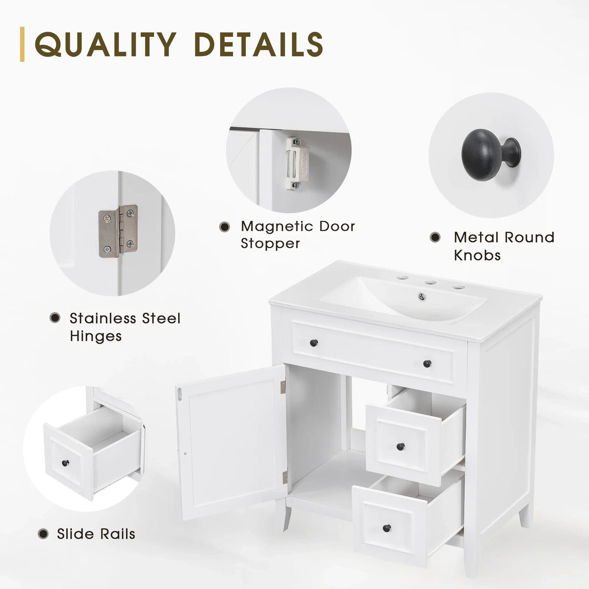 Quality details of an eprolo white bathroom vanity with stainless steel hinges and metal knobs.