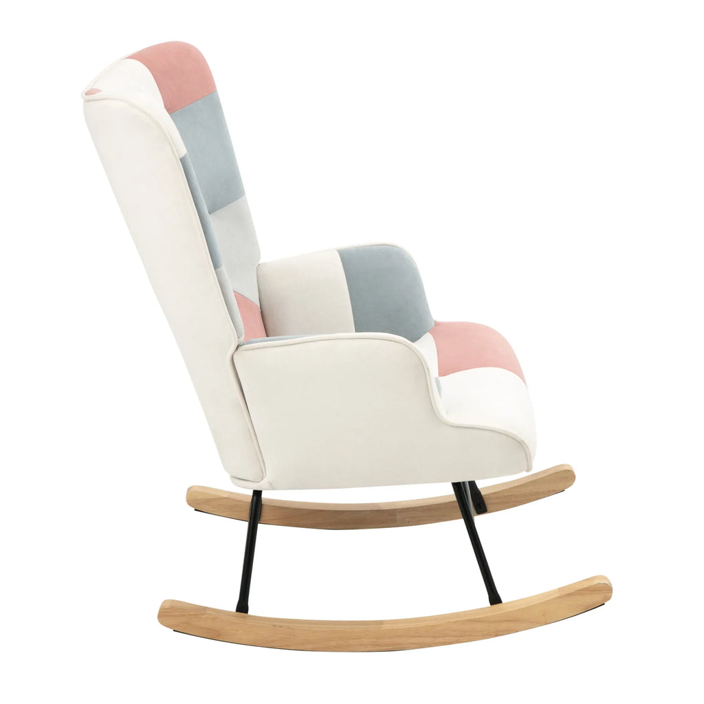 eprolo mid-century fabric rocking chair with multi-color pastel panels and wood legs