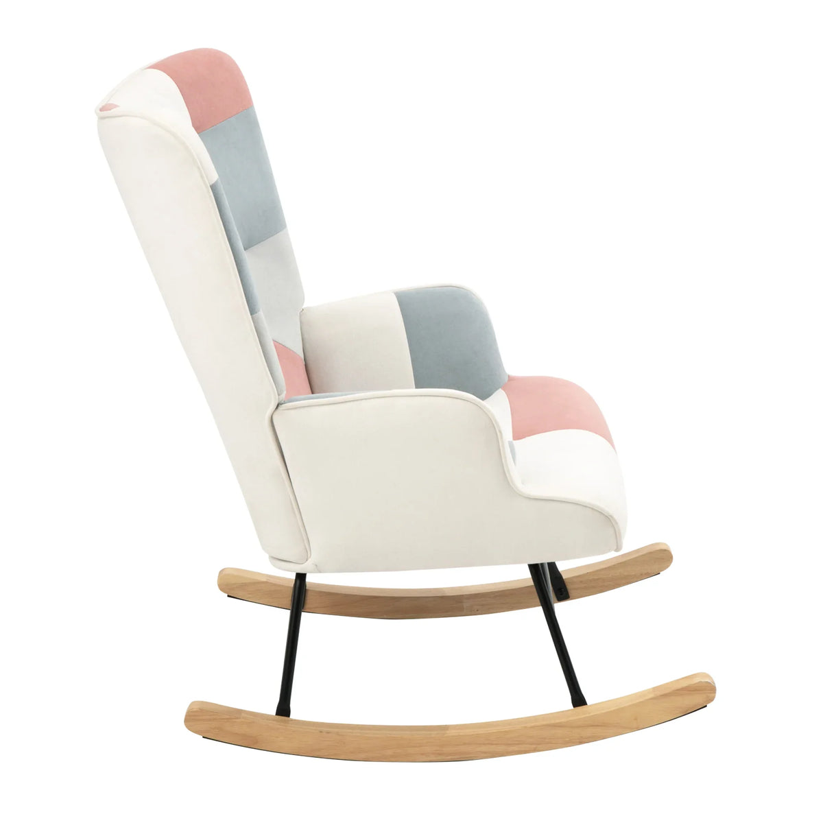 eprolo mid-century fabric rocking chair with multi-color pastel panels and wood legs