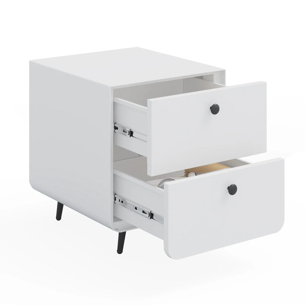 Modern white eprolo night stand with two open storage drawers and black legs.