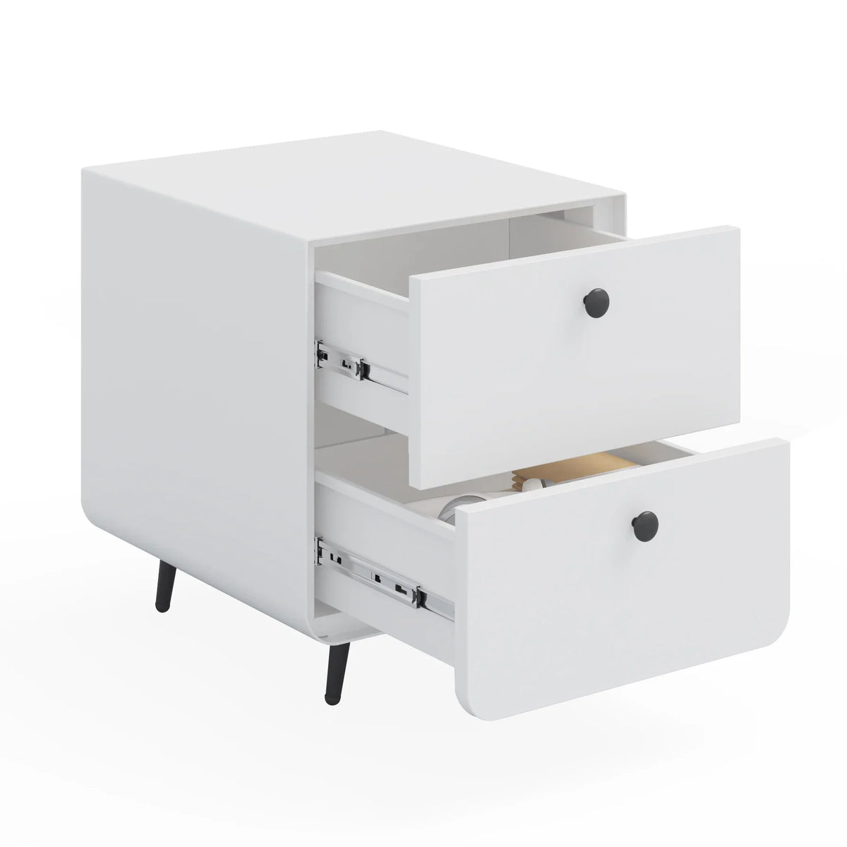 Modern white eprolo night stand with two open storage drawers and black legs.