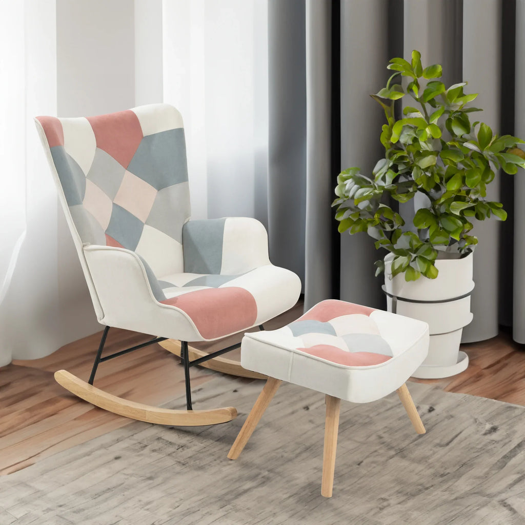 eprolo mid-century fabric rocking chair and ottoman with geometric patch pattern and wood legs