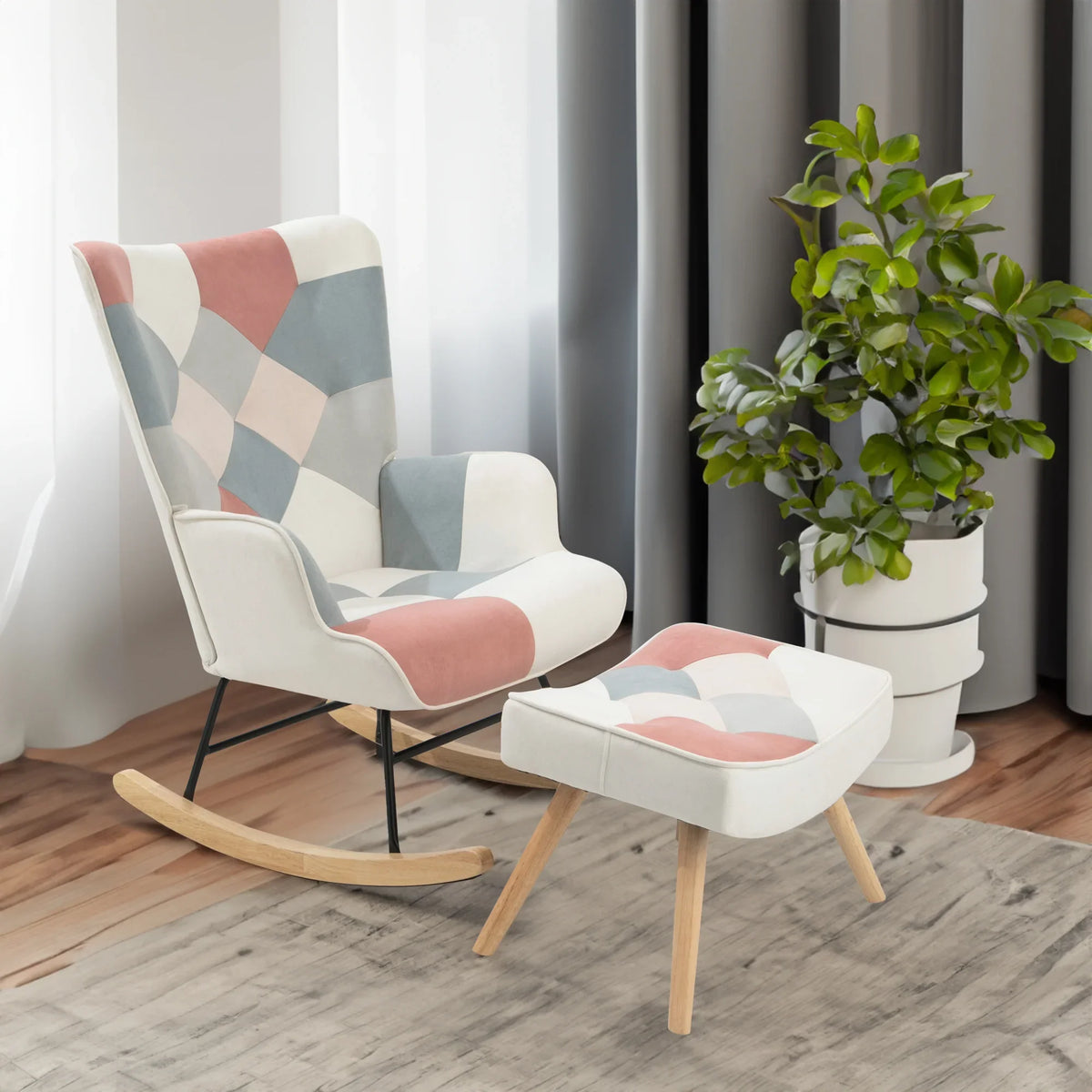 eprolo mid-century fabric rocking chair and ottoman with geometric patch pattern and wood legs