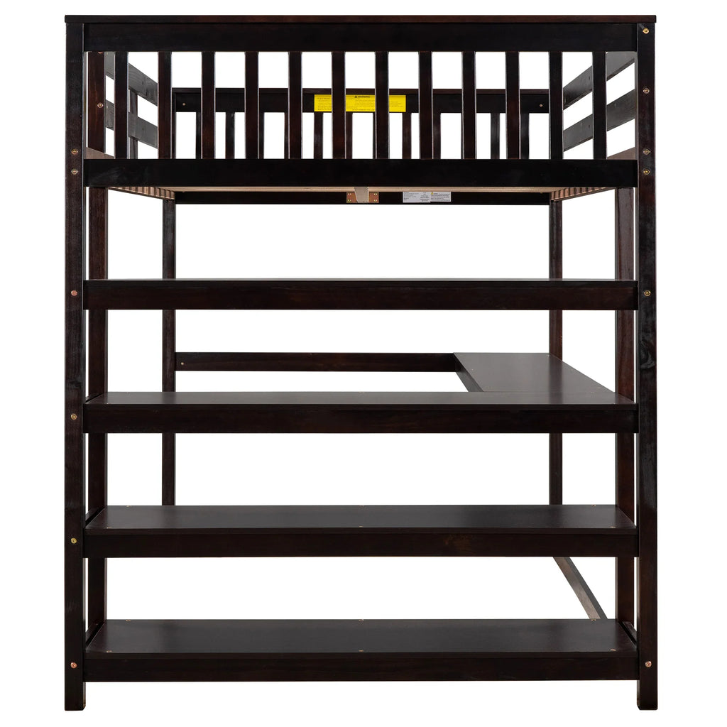 Espresso full size loft bed by eprolo featuring built-in storage shelves and under-bed desk.