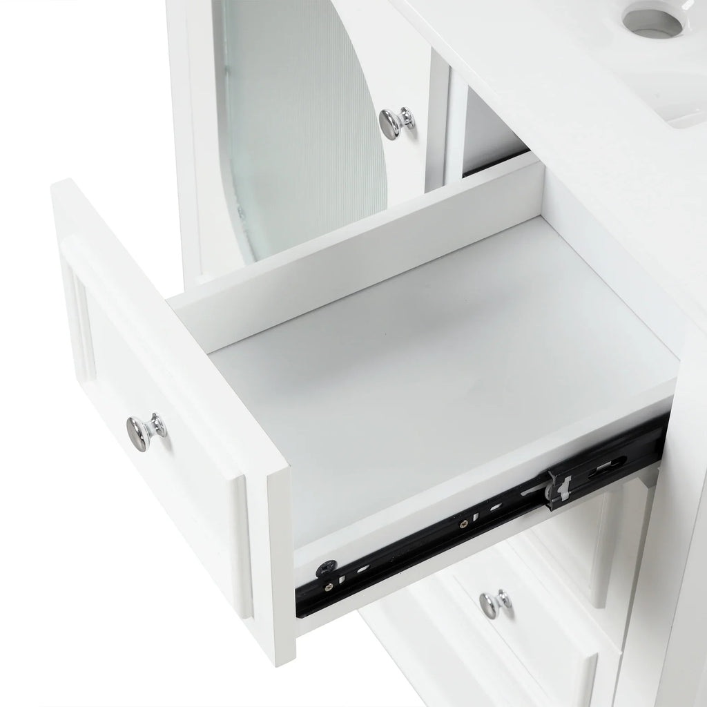 Open white eprolo bathroom vanity drawer showing interior and smooth glide tracks