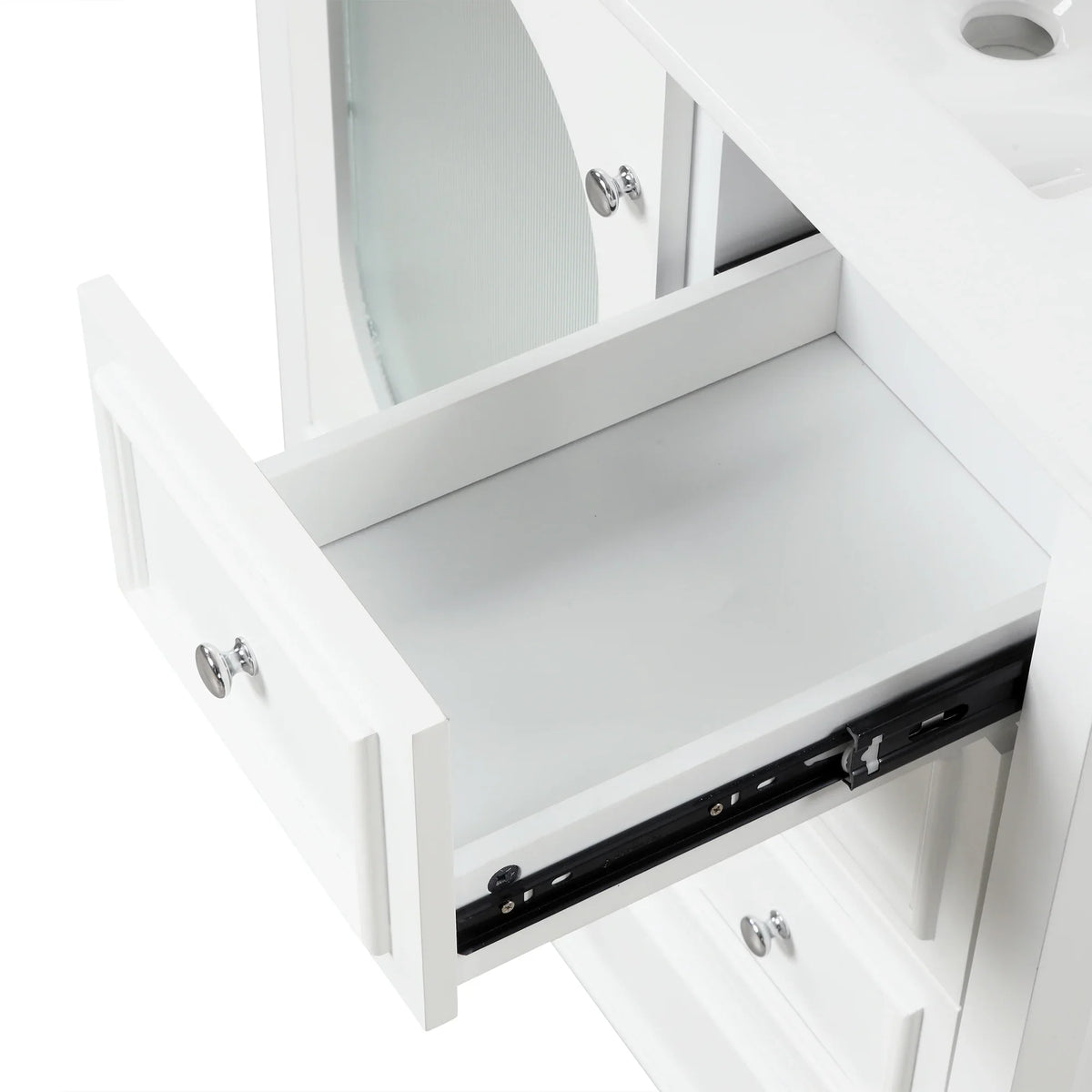 Open white eprolo bathroom vanity drawer showing interior and smooth glide tracks